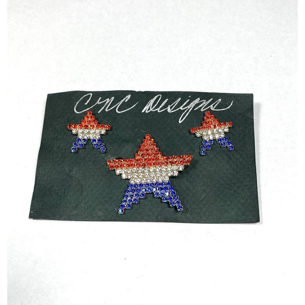 American Star Rhinestones Brooch Earrings Pin Set Patriotic Red White Blue